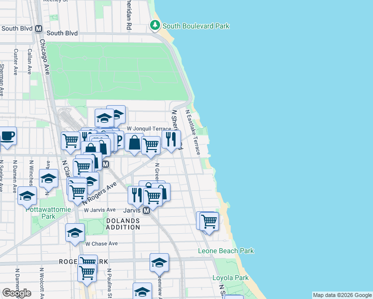 map of restaurants, bars, coffee shops, grocery stores, and more near 7615 North Sheridan Road in Chicago