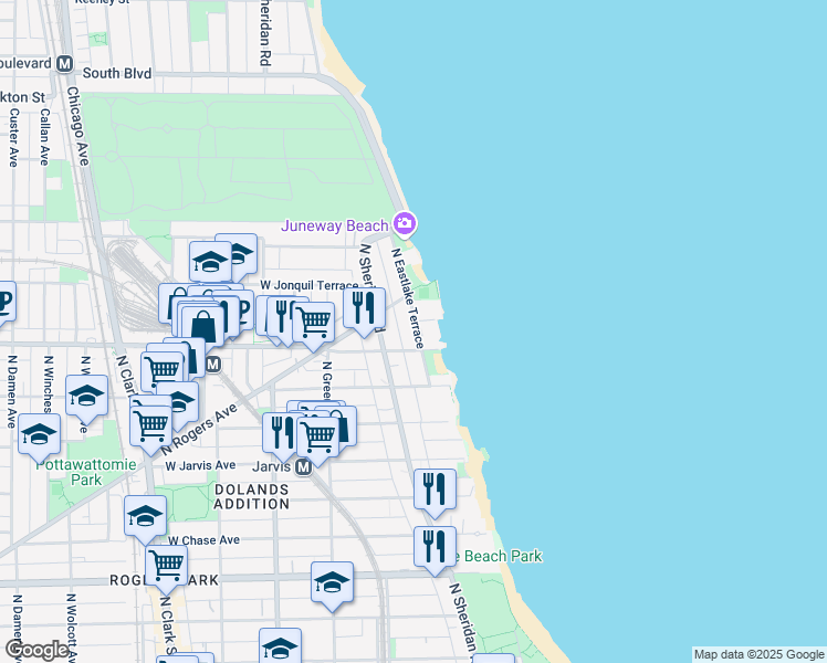 map of restaurants, bars, coffee shops, grocery stores, and more near 7609 North Eastlake Terrace in Chicago