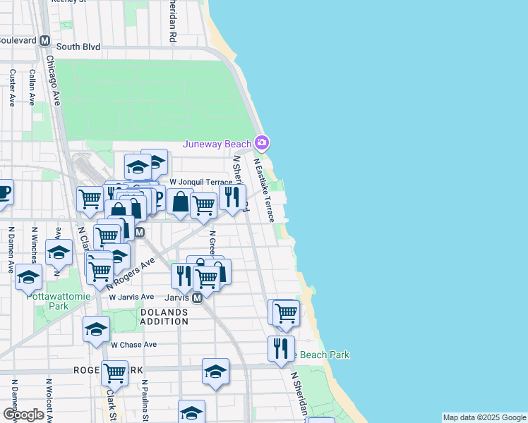map of restaurants, bars, coffee shops, grocery stores, and more near 7609 North Eastlake Terrace in Chicago