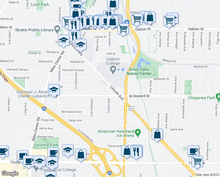 map of restaurants, bars, coffee shops, grocery stores, and more near 4855 Dobson Street in Skokie
