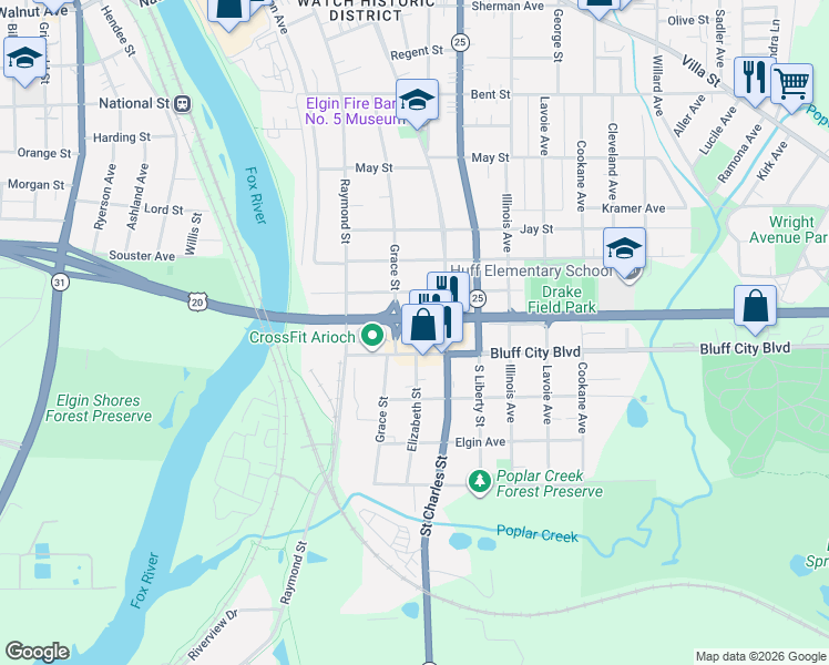 map of restaurants, bars, coffee shops, grocery stores, and more near 412 Bluff City Boulevard in Elgin