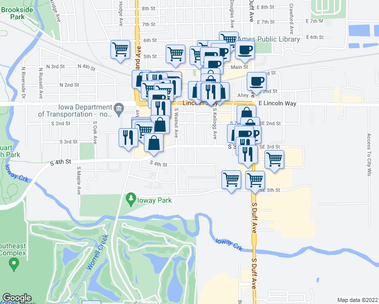 map of restaurants, bars, coffee shops, grocery stores, and more near 316 South Walnut Avenue in Ames