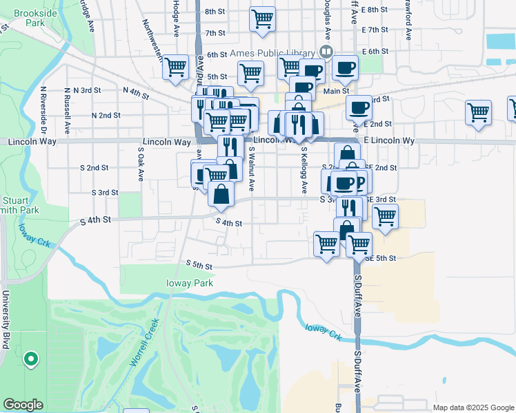 map of restaurants, bars, coffee shops, grocery stores, and more near 316 South Walnut Avenue in Ames