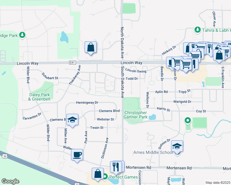 map of restaurants, bars, coffee shops, grocery stores, and more near 220 Raphael Avenue in Ames