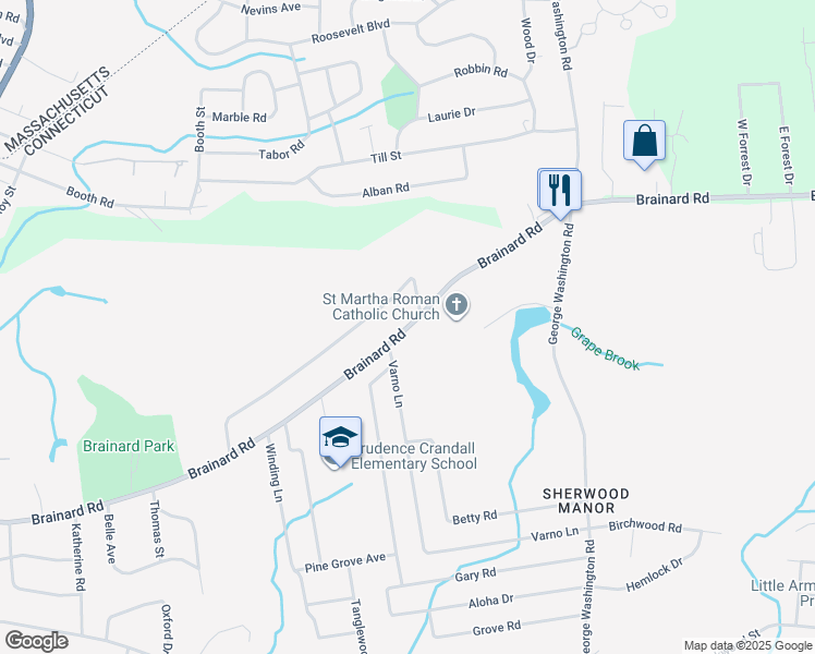map of restaurants, bars, coffee shops, grocery stores, and more near 199 Brainard Rd in Enfield