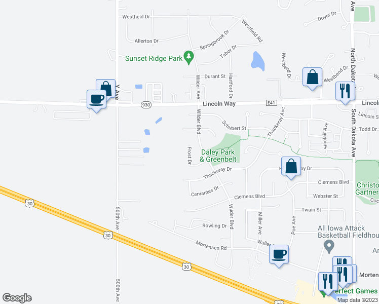 map of restaurants, bars, coffee shops, grocery stores, and more near 5453 Frost Drive in Ames