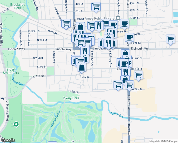 map of restaurants, bars, coffee shops, grocery stores, and more near 512 South 3rd Street in Ames