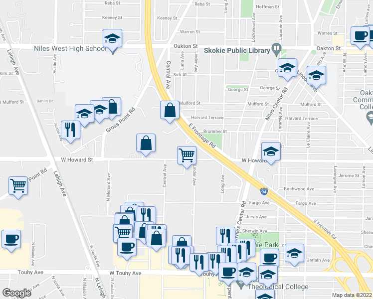 map of restaurants, bars, coffee shops, grocery stores, and more near 5500 West Howard Street in Skokie