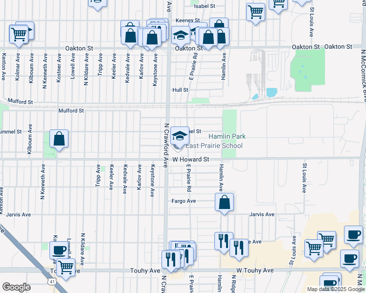 map of restaurants, bars, coffee shops, grocery stores, and more near 3907 Dobson Street in Skokie