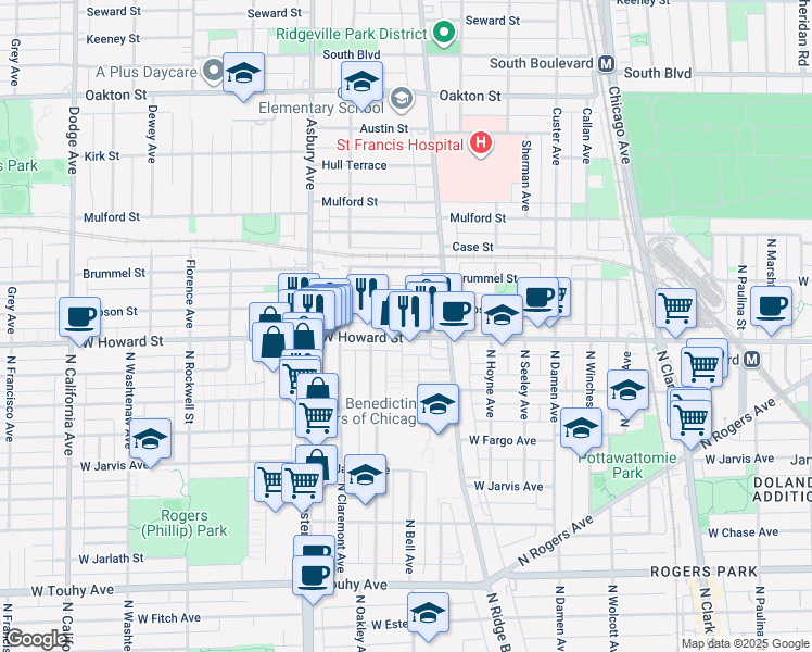 map of restaurants, bars, coffee shops, grocery stores, and more near 1011 Howard Street in Evanston
