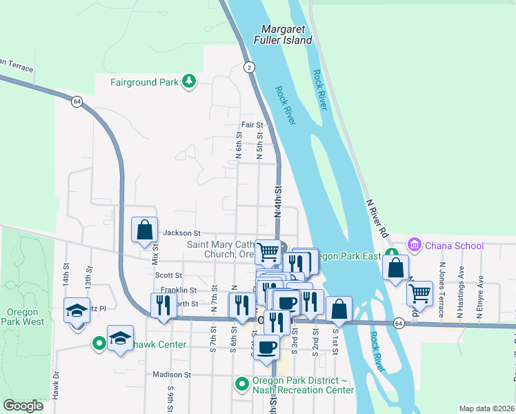 map of restaurants, bars, coffee shops, grocery stores, and more near 501 Illinois Street in Oregon