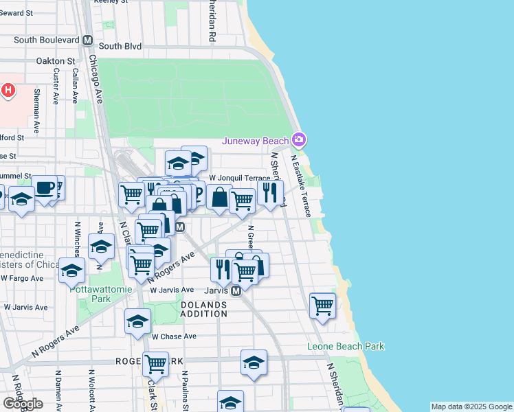 map of restaurants, bars, coffee shops, grocery stores, and more near 7608 North Rogers Avenue in Chicago