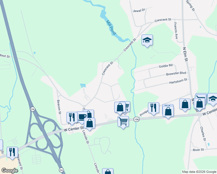 map of restaurants, bars, coffee shops, grocery stores, and more near 1 Sycamore Lane in West Bridgewater