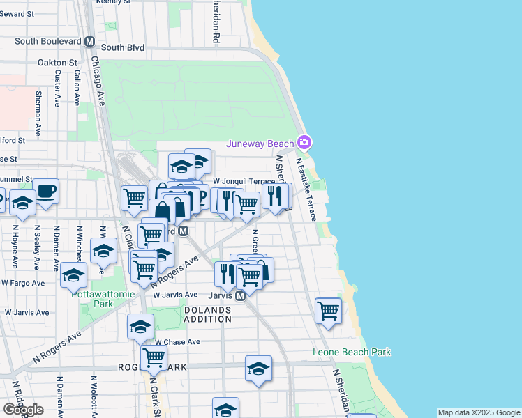 map of restaurants, bars, coffee shops, grocery stores, and more near 7610 North Rogers Avenue in Chicago
