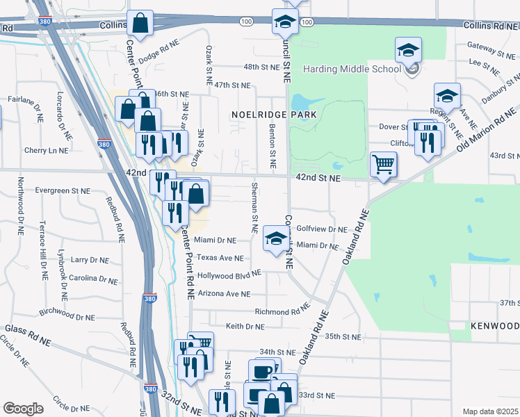 map of restaurants, bars, coffee shops, grocery stores, and more near in Cedar Rapids