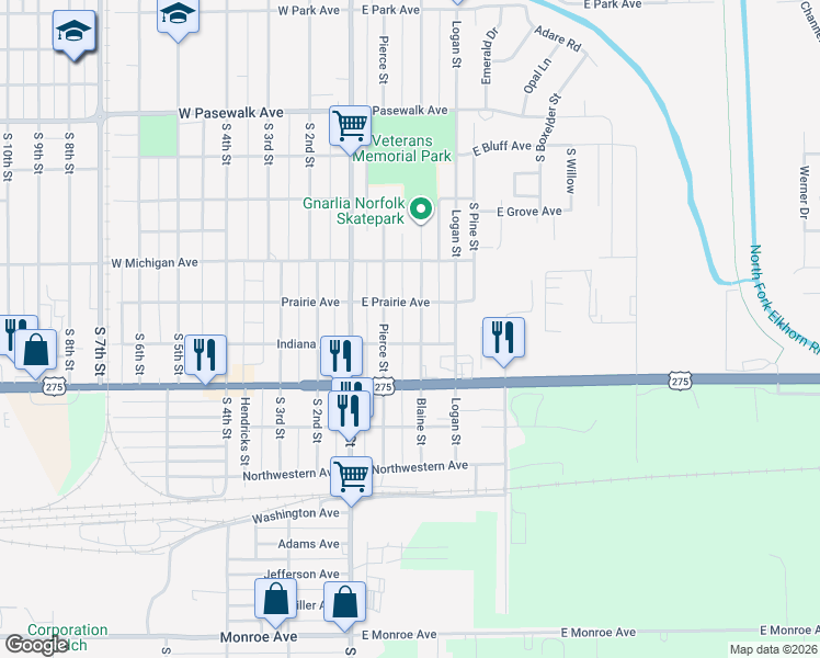 map of restaurants, bars, coffee shops, grocery stores, and more near 309 East Indiana Avenue in Norfolk