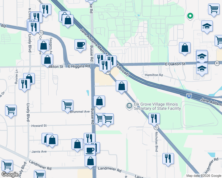 map of restaurants, bars, coffee shops, grocery stores, and more near 1795 Commerce Drive in Elk Grove Village