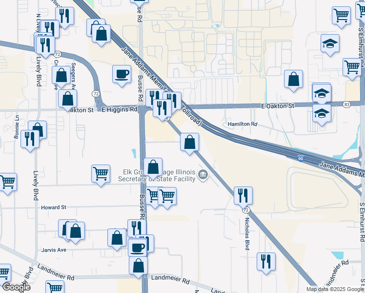map of restaurants, bars, coffee shops, grocery stores, and more near 1795 Commerce Drive in Elk Grove Village