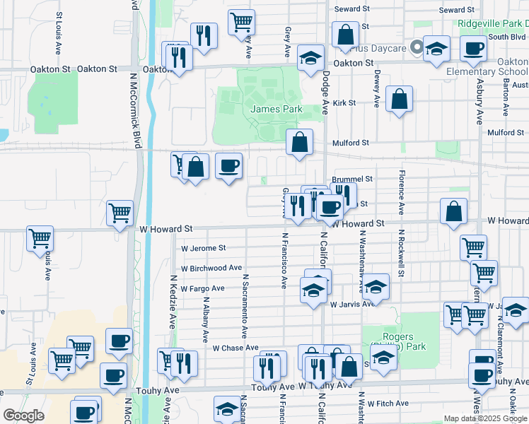 map of restaurants, bars, coffee shops, grocery stores, and more near 2131 Howard Street in Evanston