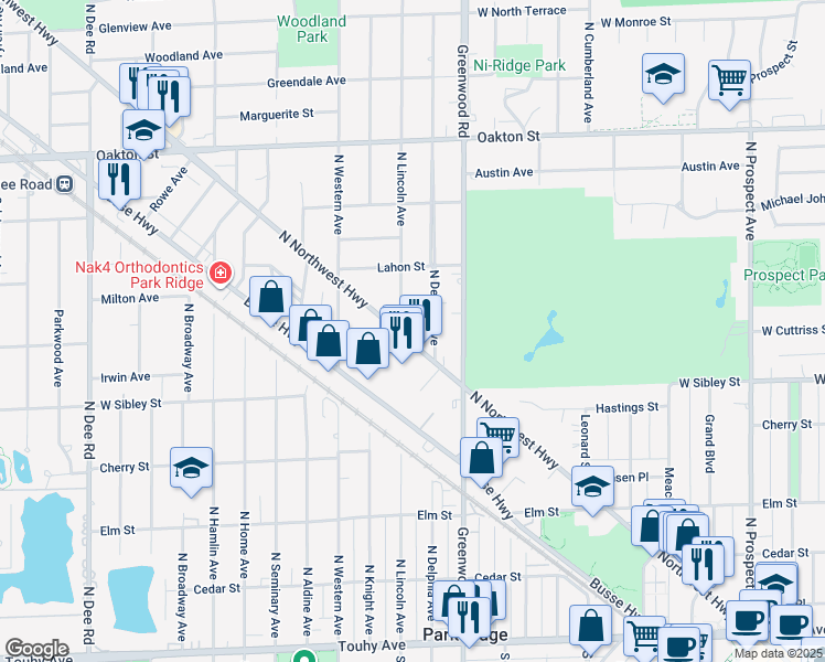 map of restaurants, bars, coffee shops, grocery stores, and more near 652b North Northwest Highway in Park Ridge
