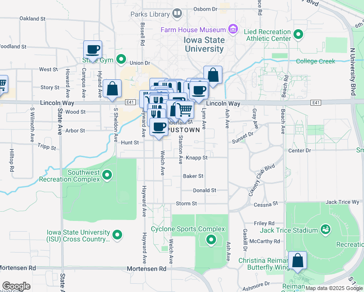 map of restaurants, bars, coffee shops, grocery stores, and more near 2327 Knapp Street in Ames