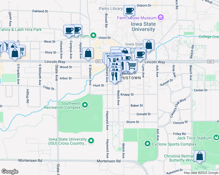 map of restaurants, bars, coffee shops, grocery stores, and more near 2519 Knapp Street in Ames