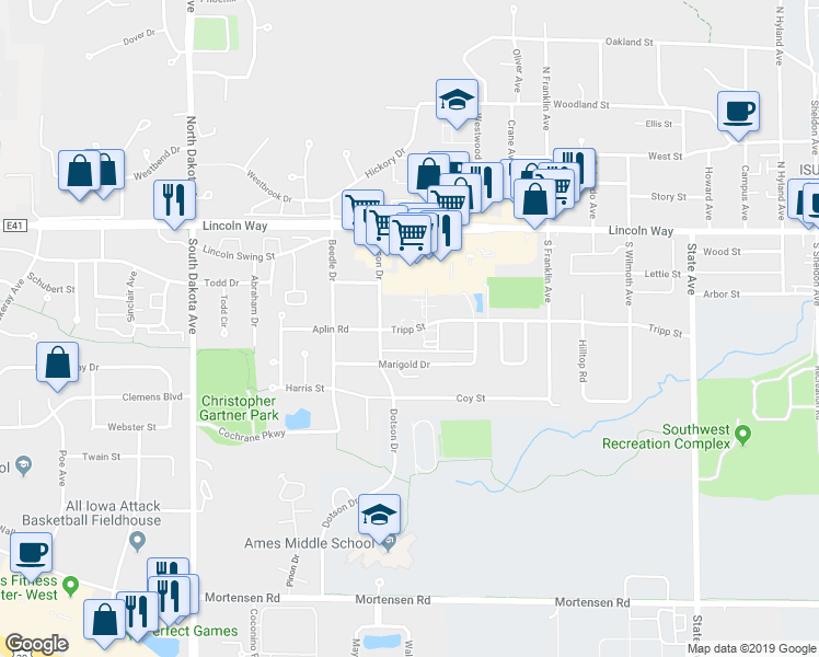 map of restaurants, bars, coffee shops, grocery stores, and more near 3910 Tripp Street in Ames