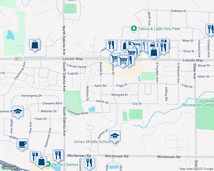 map of restaurants, bars, coffee shops, grocery stores, and more near 4014 Aplin Road in Ames