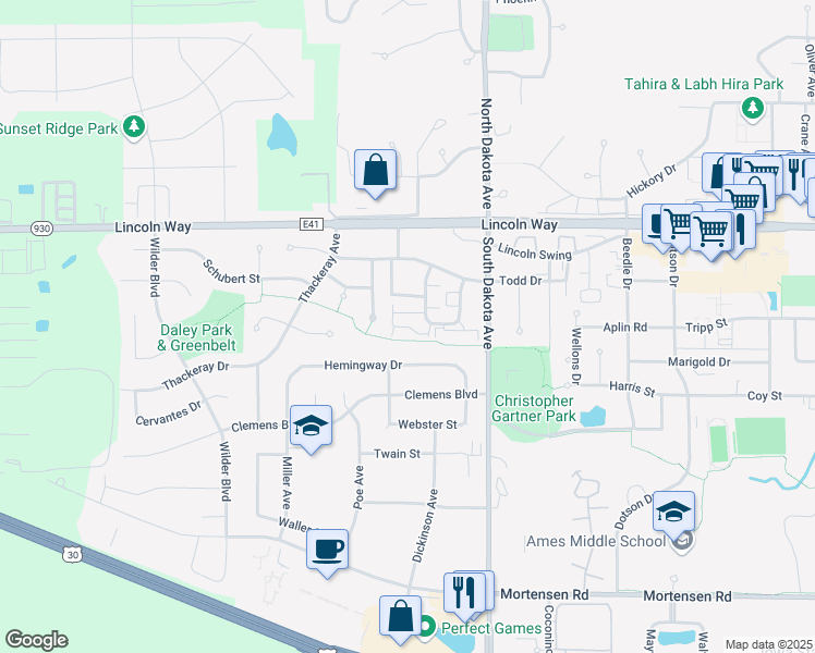 map of restaurants, bars, coffee shops, grocery stores, and more near 245 Sinclair Avenue in Ames