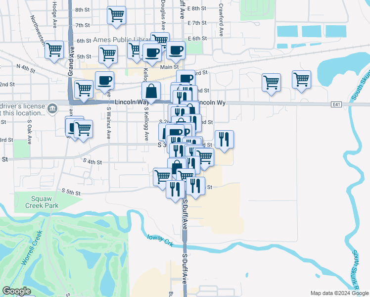 map of restaurants, bars, coffee shops, grocery stores, and more near 431 S Duff Ave in Ames