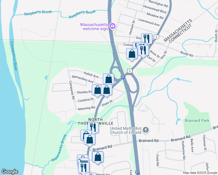 map of restaurants, bars, coffee shops, grocery stores, and more near 114 Enfield Street in Enfield
