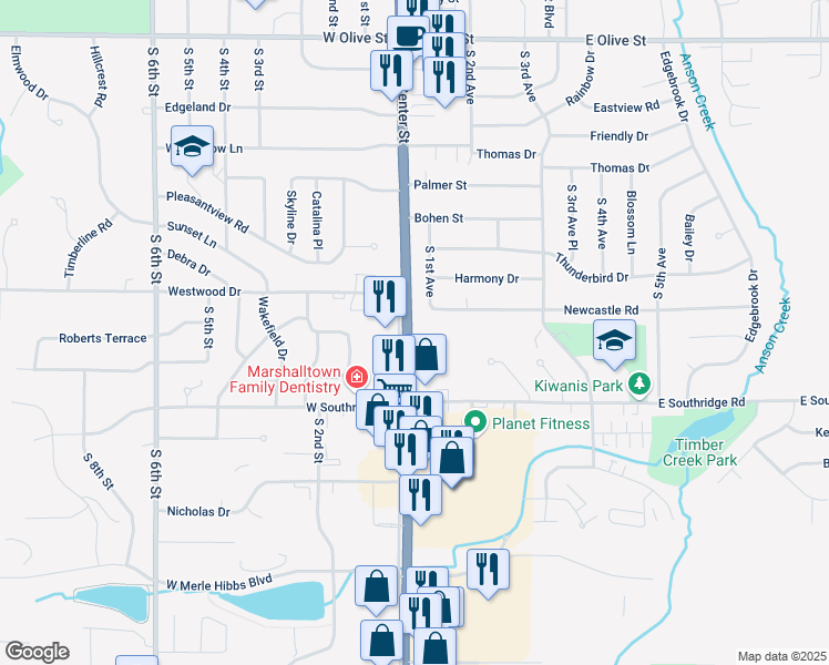 map of restaurants, bars, coffee shops, grocery stores, and more near 2398 South Center Street in Marshalltown
