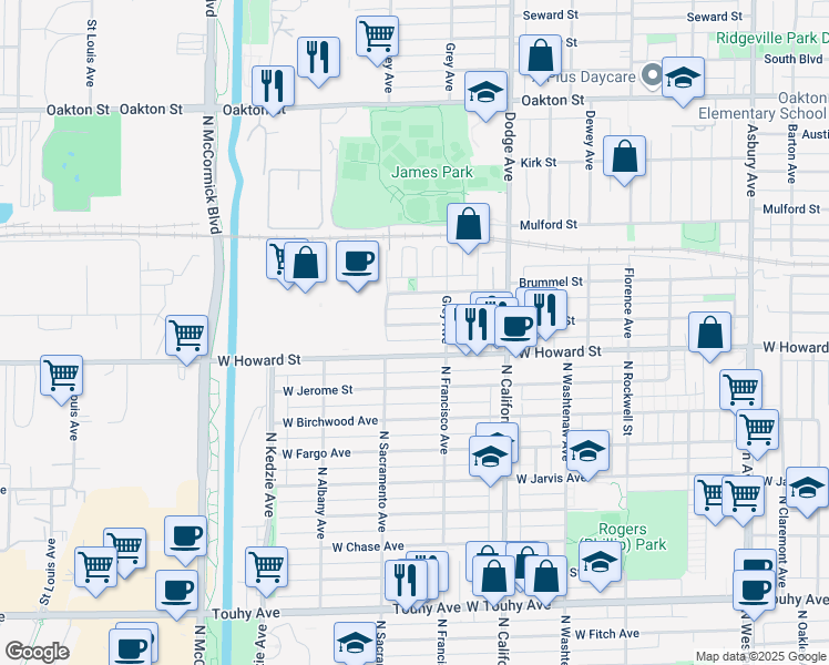 map of restaurants, bars, coffee shops, grocery stores, and more near 2131 Howard Street in Evanston