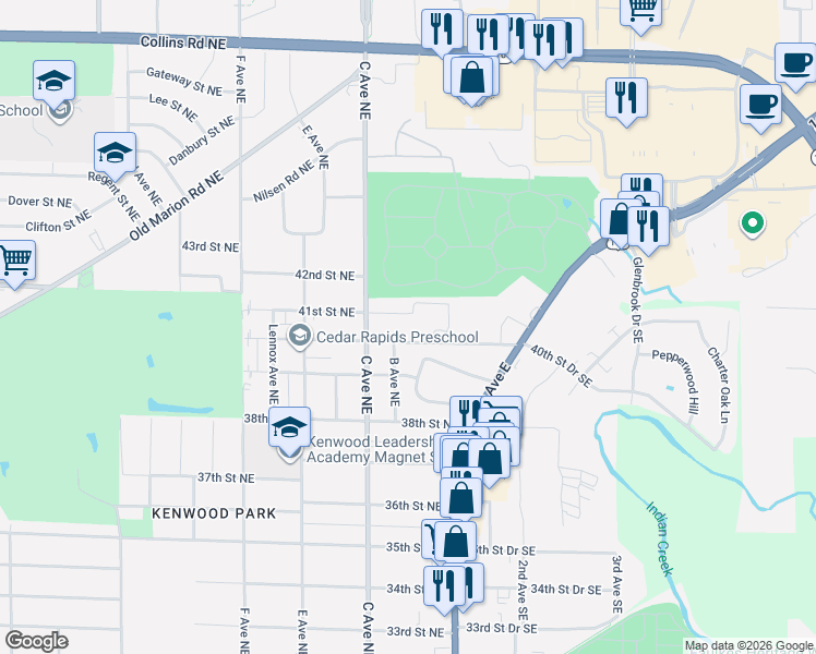 map of restaurants, bars, coffee shops, grocery stores, and more near 248 40th Street Northeast in Cedar Rapids