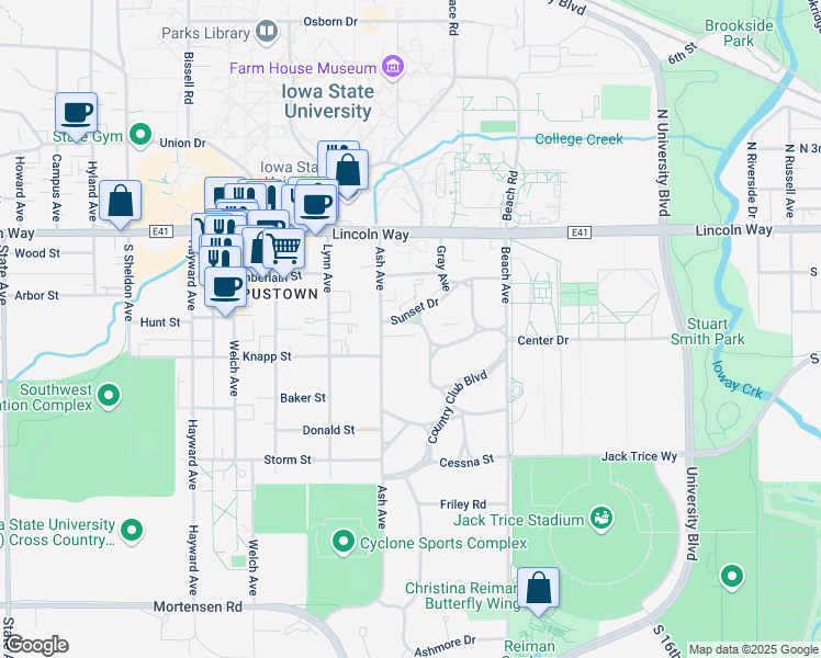 map of restaurants, bars, coffee shops, grocery stores, and more near 2140 Sunset Drive in Ames