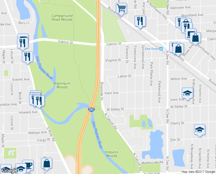 map of restaurants, bars, coffee shops, grocery stores, and more near 720 Wesley Drive in Park Ridge