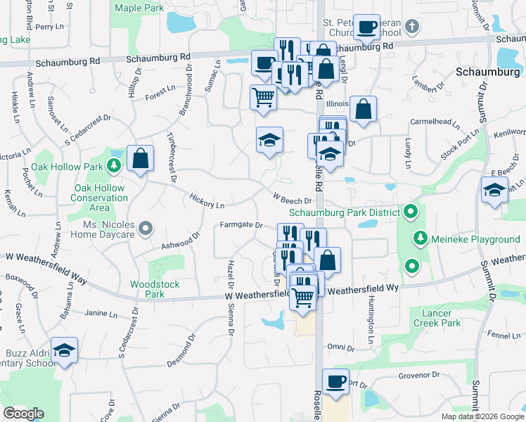map of restaurants, bars, coffee shops, grocery stores, and more near 180 Farmgate Drive in Schaumburg