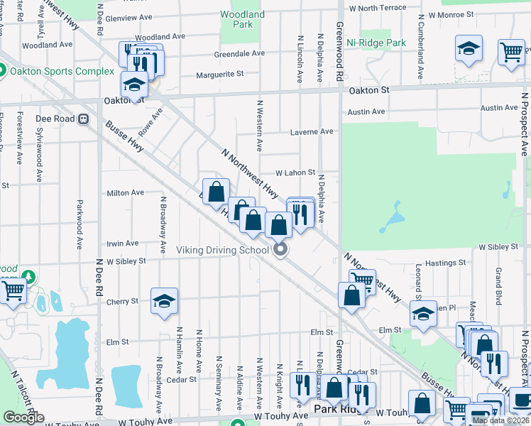 map of restaurants, bars, coffee shops, grocery stores, and more near 700 North Northwest Highway in Park Ridge