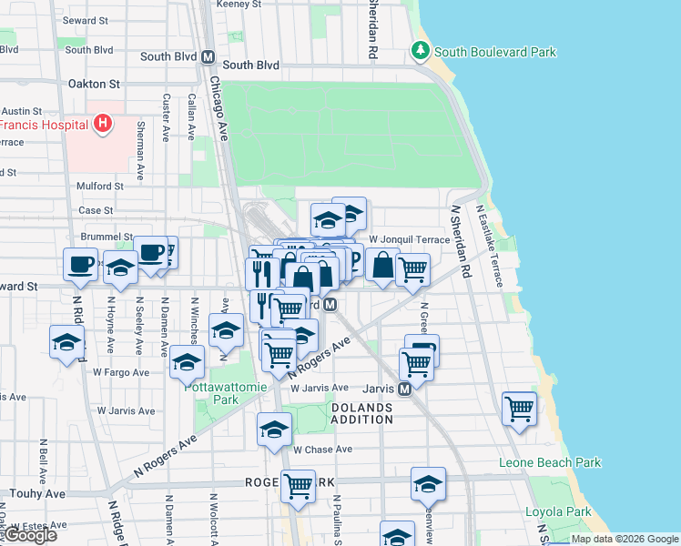 map of restaurants, bars, coffee shops, grocery stores, and more near 7616 North Marshfield Avenue in Chicago