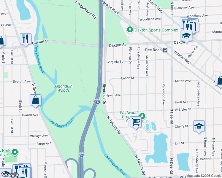 map of restaurants, bars, coffee shops, grocery stores, and more near 720 Wesley Drive in Park Ridge