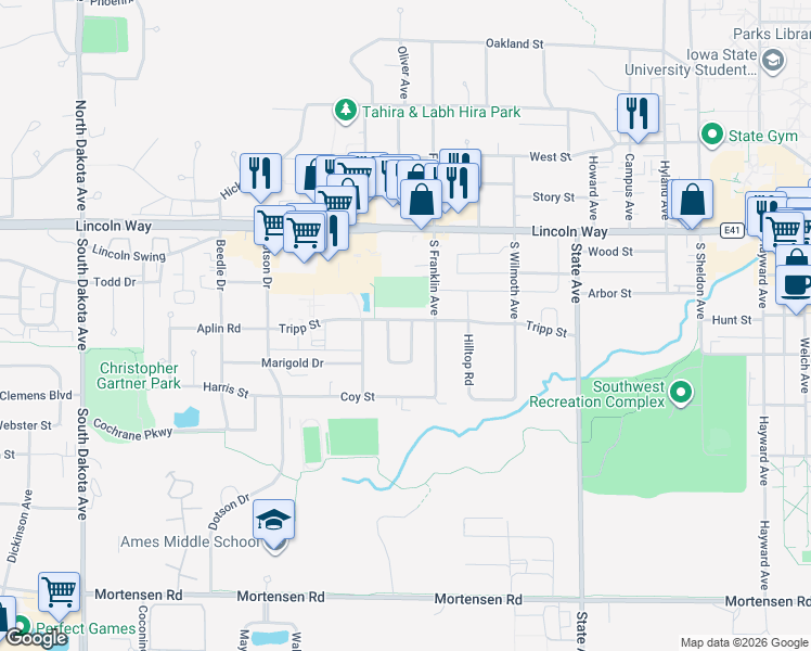 map of restaurants, bars, coffee shops, grocery stores, and more near 227 Village Drive in Ames