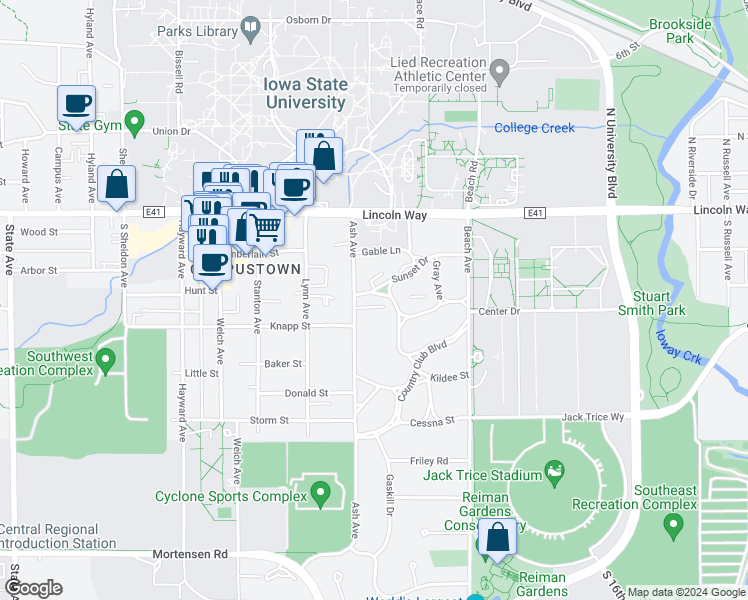 map of restaurants, bars, coffee shops, grocery stores, and more near 2144 Sunset Drive in Ames