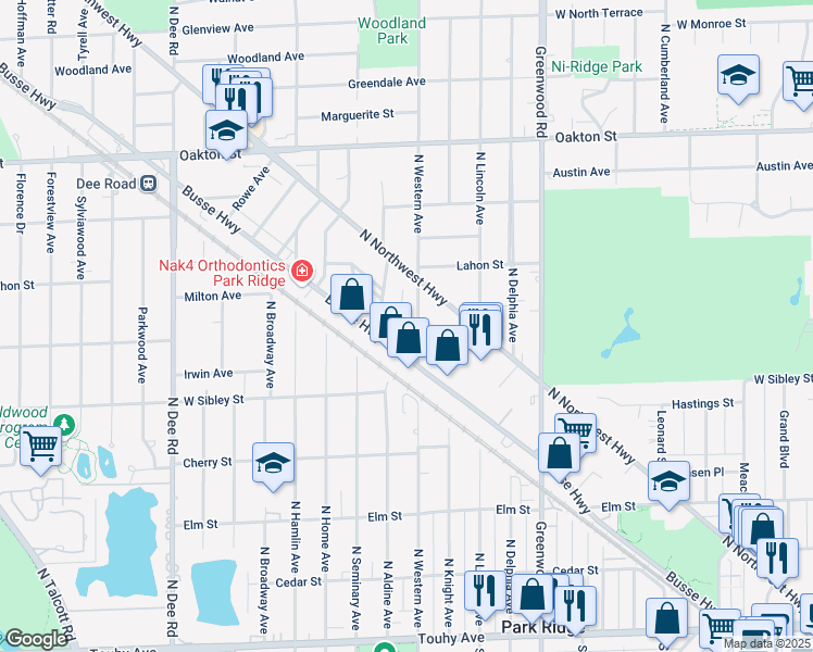 map of restaurants, bars, coffee shops, grocery stores, and more near 702 North Western Avenue in Park Ridge