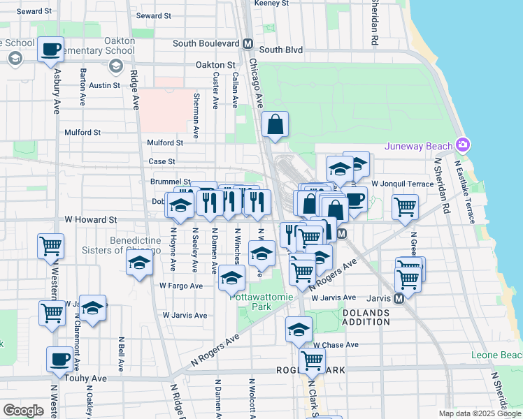 map of restaurants, bars, coffee shops, grocery stores, and more near 115 Clyde Avenue in Evanston