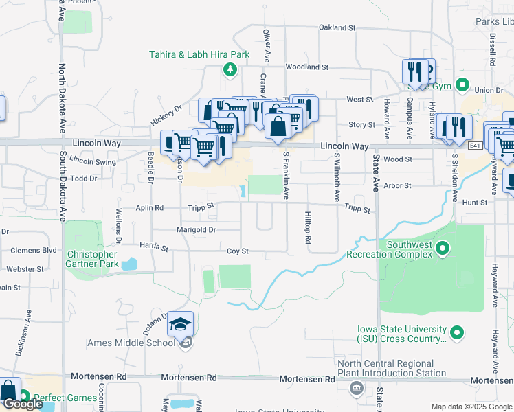 map of restaurants, bars, coffee shops, grocery stores, and more near 399 Village Drive in Ames