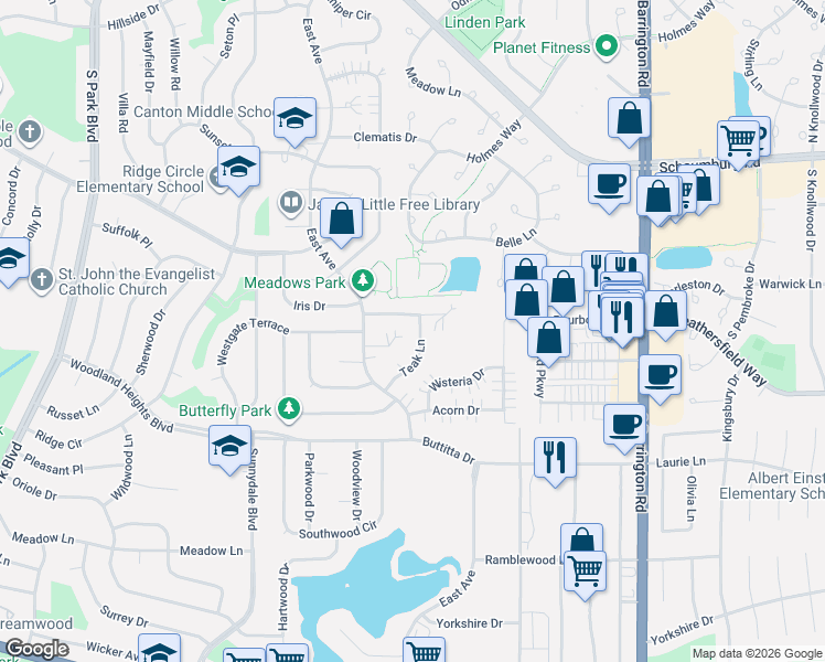 map of restaurants, bars, coffee shops, grocery stores, and more near 242 Teak Lane in Streamwood