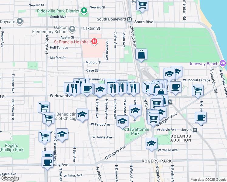 map of restaurants, bars, coffee shops, grocery stores, and more near 711 West Howard Street in Evanston