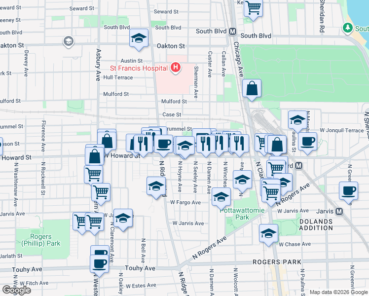 map of restaurants, bars, coffee shops, grocery stores, and more near in Evanston