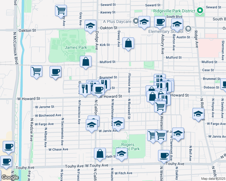 map of restaurants, bars, coffee shops, grocery stores, and more near 1723 West Howard Street in Evanston