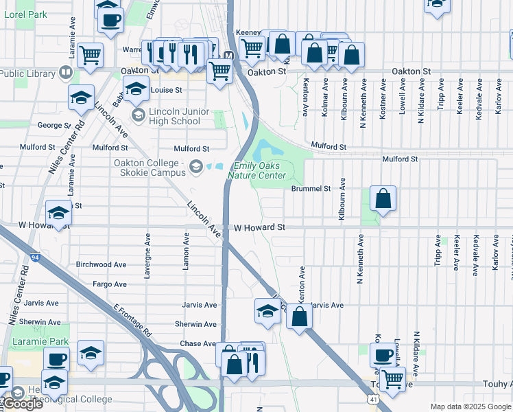 map of restaurants, bars, coffee shops, grocery stores, and more near 4659 Dobson Street in Skokie